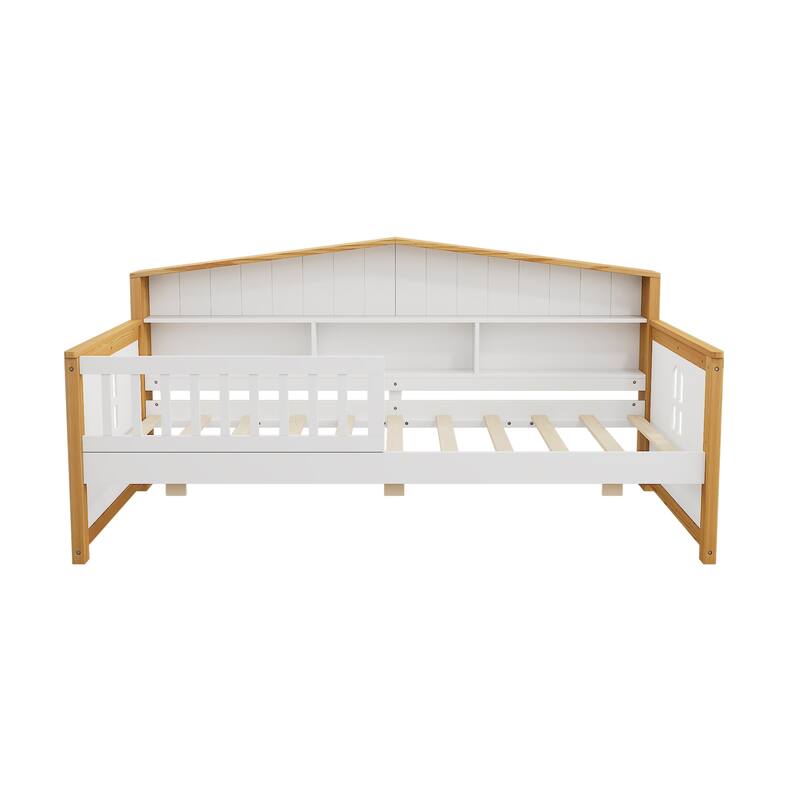 Wooden Twin Size House Shape Bed with Trundle and Bookcase Headboard