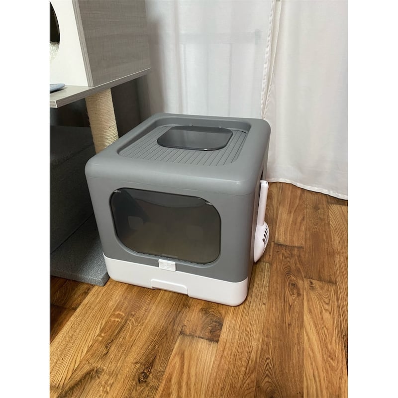 2Way Enclosed Cat Litter Box Top Entry with Scoop Fully Pull Out Drawer, Easy to Install&clean