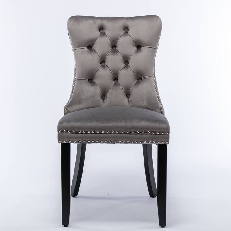 Set of 2 Velvet Upholstered Dining Chairs with Nailhead Trim and Wooden Legs