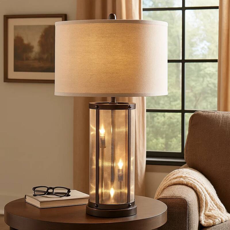 31 Inch Table Lamp, Classic Drum Fabric Shade, Modern Metal Base, Bronze