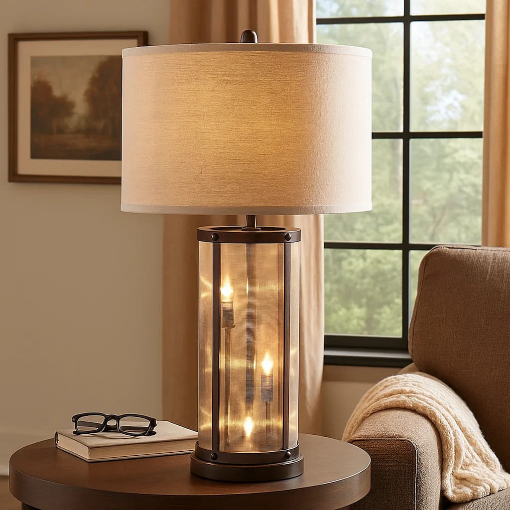 31 Inch Table Lamp, Classic Drum Fabric Shade, Modern Metal Base, Bronze