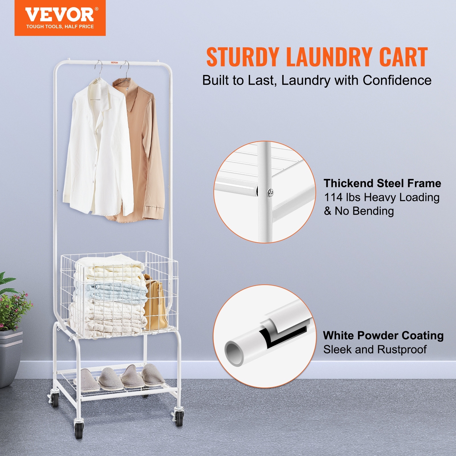 Metal Rolling Laundry Basket with Hanging Garment Rack Height
