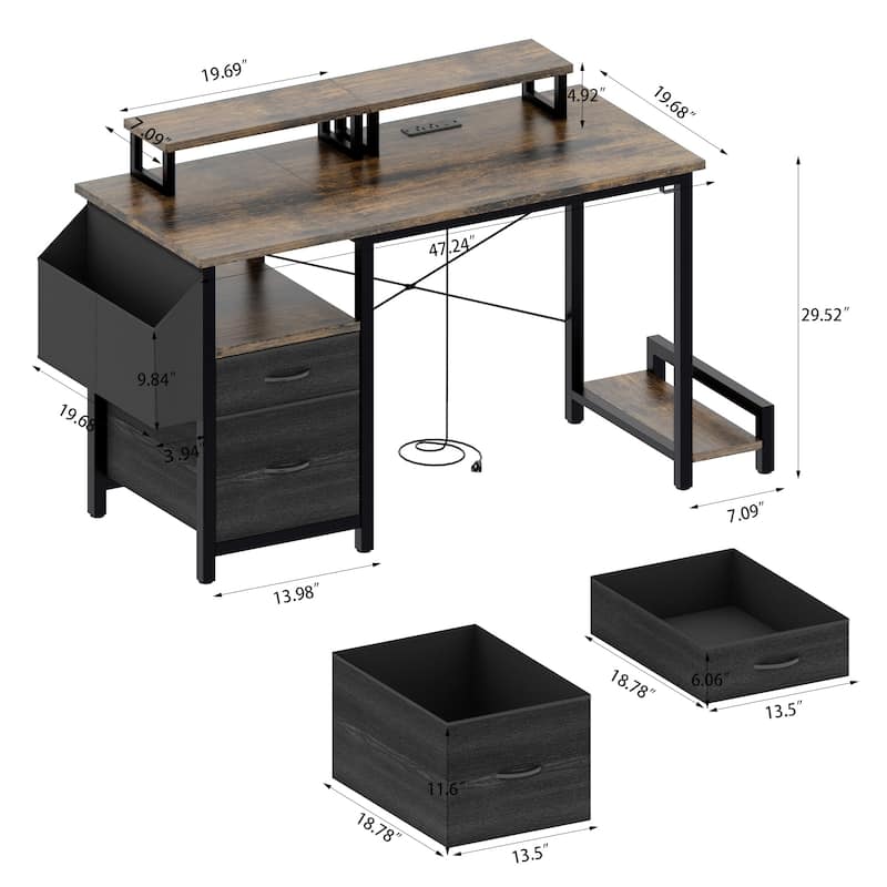 Computer Desk with 2 Drawers & Power Outlets, Gaming Desk with 2 Monitor Stands & Side Pocket, Small Home Office Desk