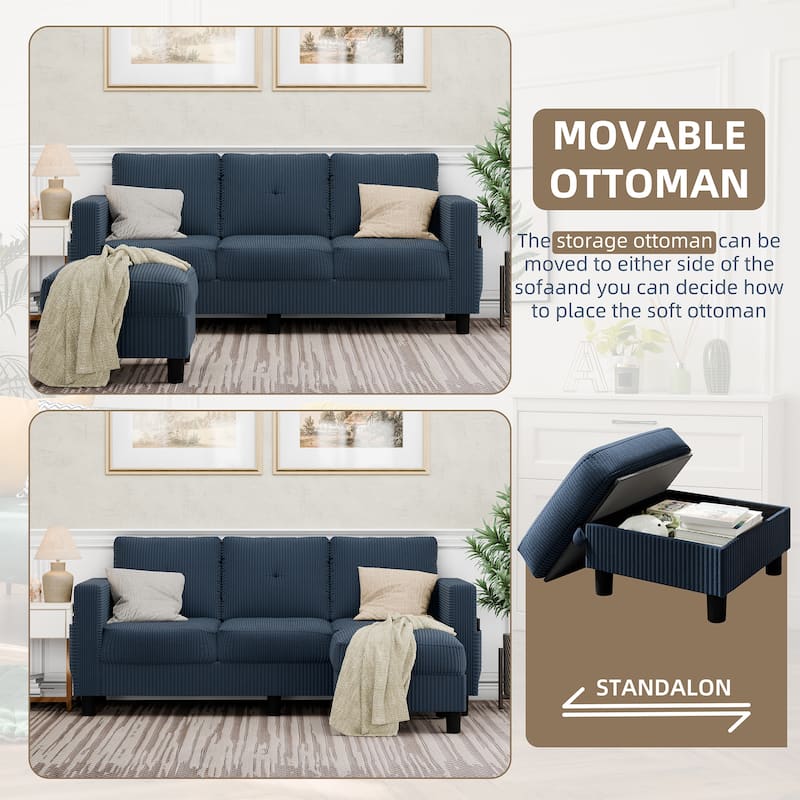 3-Seater Sectional Sofa with Movable Ottoman, Modern Living Room Couch