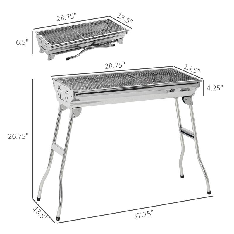 Portable Charcoal Grill Stainless Steel Folding Outdoor BBQ Grill with Pan Grill Rack Hooks, for Backyard Cooking, Camping