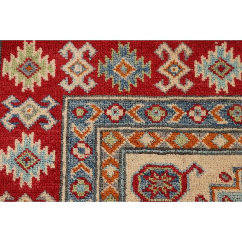 Geometric Beige Kazak Accent Rug Hand-Knotted Oriental Wool Carpet - 3'4" x 4'9"