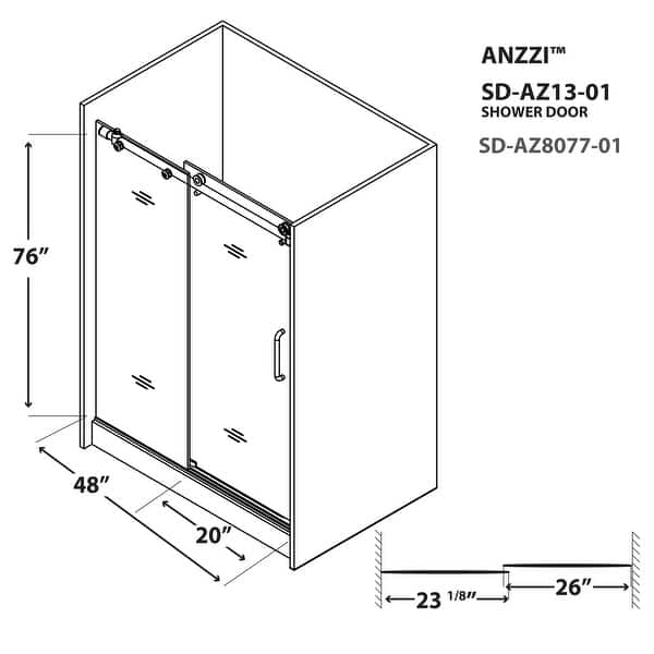 dimension image slide 1 of 3, ANZZI Leon Brushed Nickel 48" x 76" Frameless Sliding Shower Door