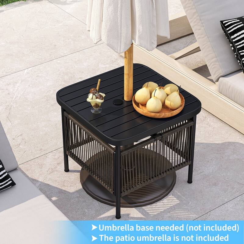 Outdoor Rustic Wood Patio Side Table with 2-Tier Storage and Umbrella Hole Metal Frame - 20.5" x 18" x 18"