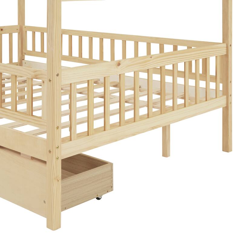 Full Size Wooden House Bed with Two Drawers, Natural Finish