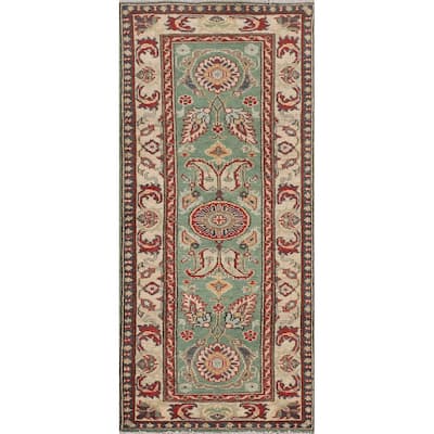 Light Green Kazak Runner Rug Handmade Oriental Wool Carpet - 2'1" x 5'11"