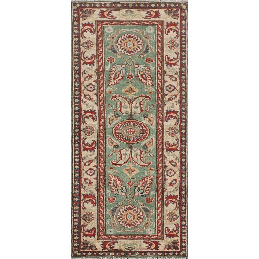 Light Green Kazak Runner Rug Handmade Oriental Wool Carpet - 2'1" x 5'11"