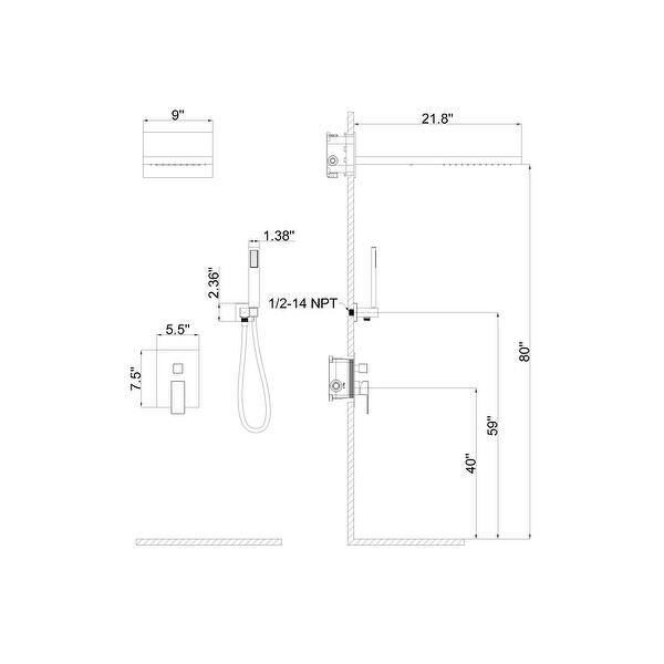 dimension image slide 2 of 3, GIVINGTREE Deluxe 22" Wall Mounted Waterfall Rain Shower System (valve Included)