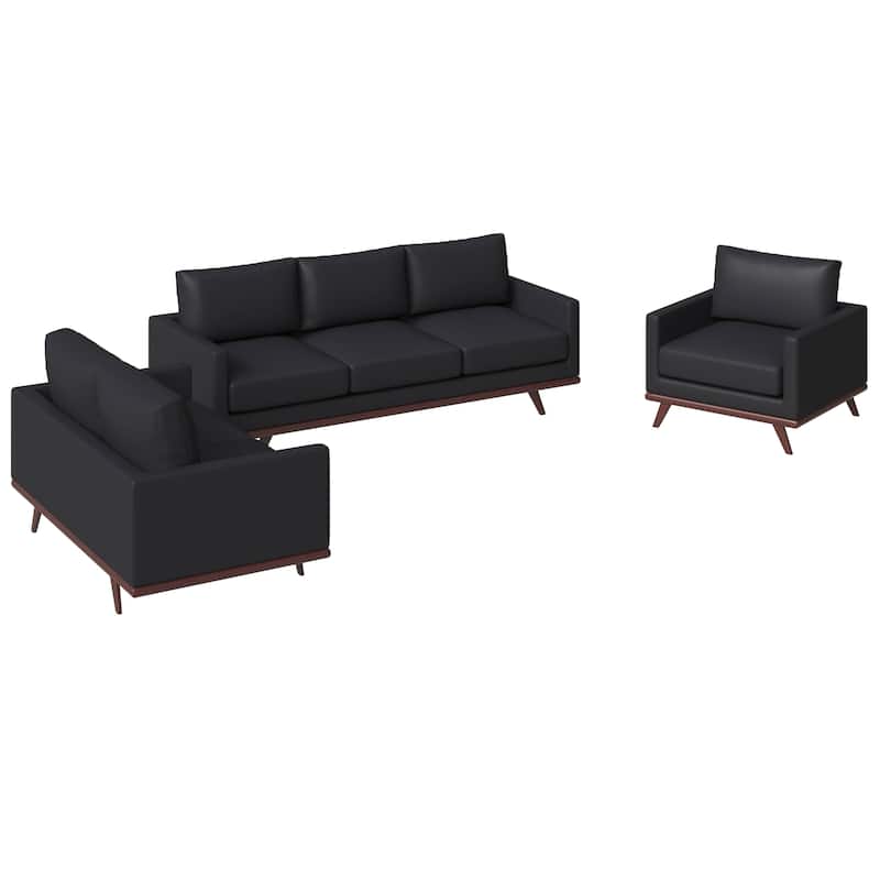 3-Piece Sofa Set Upholstered in Leather with Birch Wood Base Chester Collection - Black