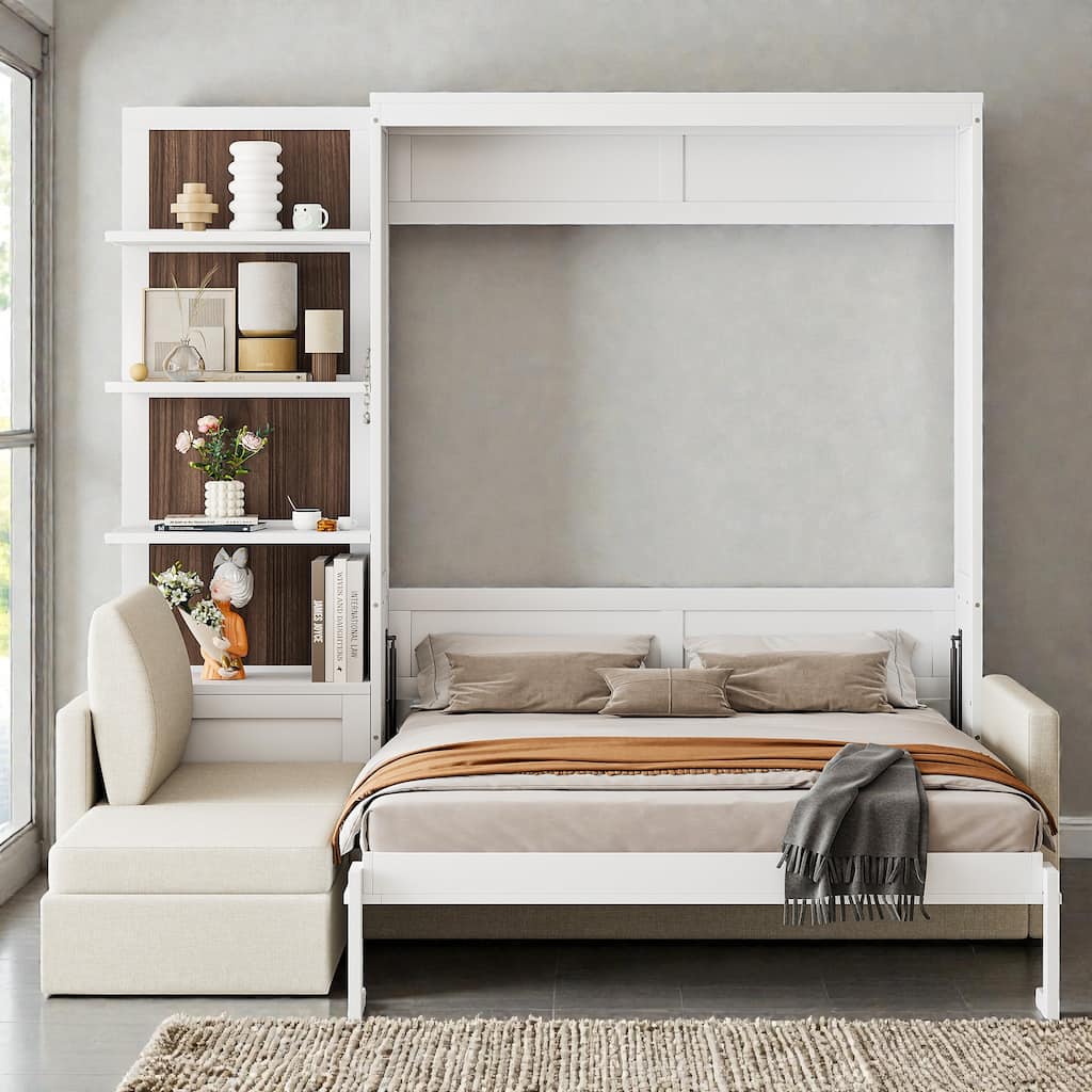 Queen Size Murphy Wall Bed with Sofa and Shelves, Space-Saving Fold Down Bed with Storage, Piston Lift Mechanism