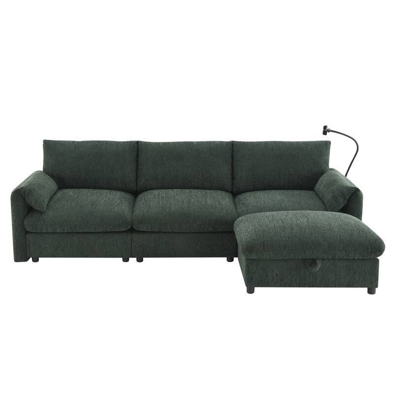 L Shaped Wide Seat Chenille Sectional Sofa w/ Storage Ottoman, Pockets, USB