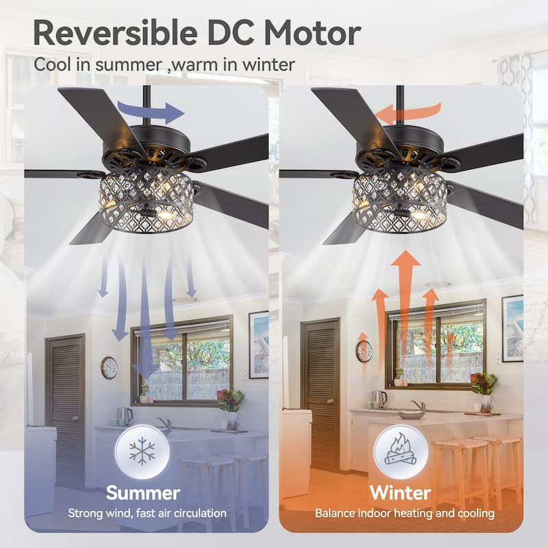 52-inch Reversible 5-Blade Crystal Caged Ceiling Fan with Light and Remote