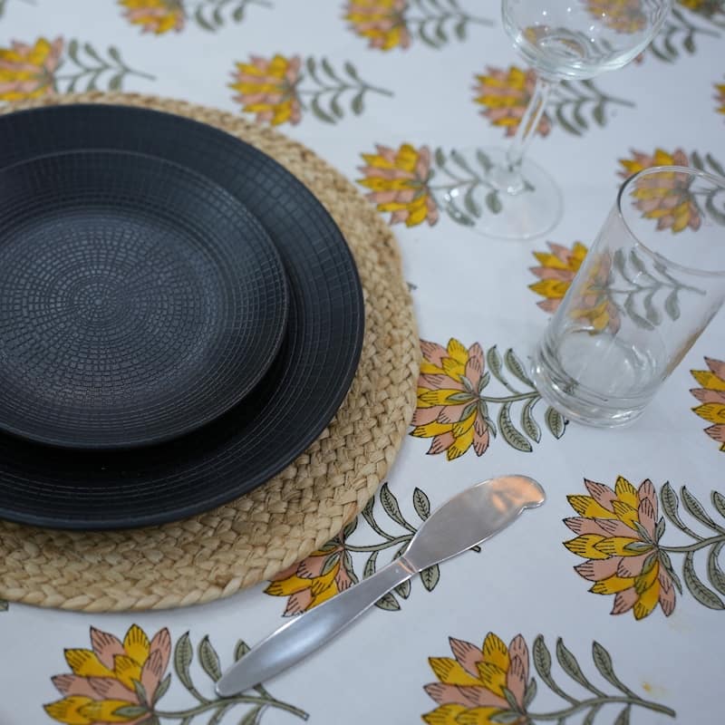 Fabdivine Handmade Block Print Cotton Brown Table Cover or Cloth Dining, Farmhouse & Kitchen Décor