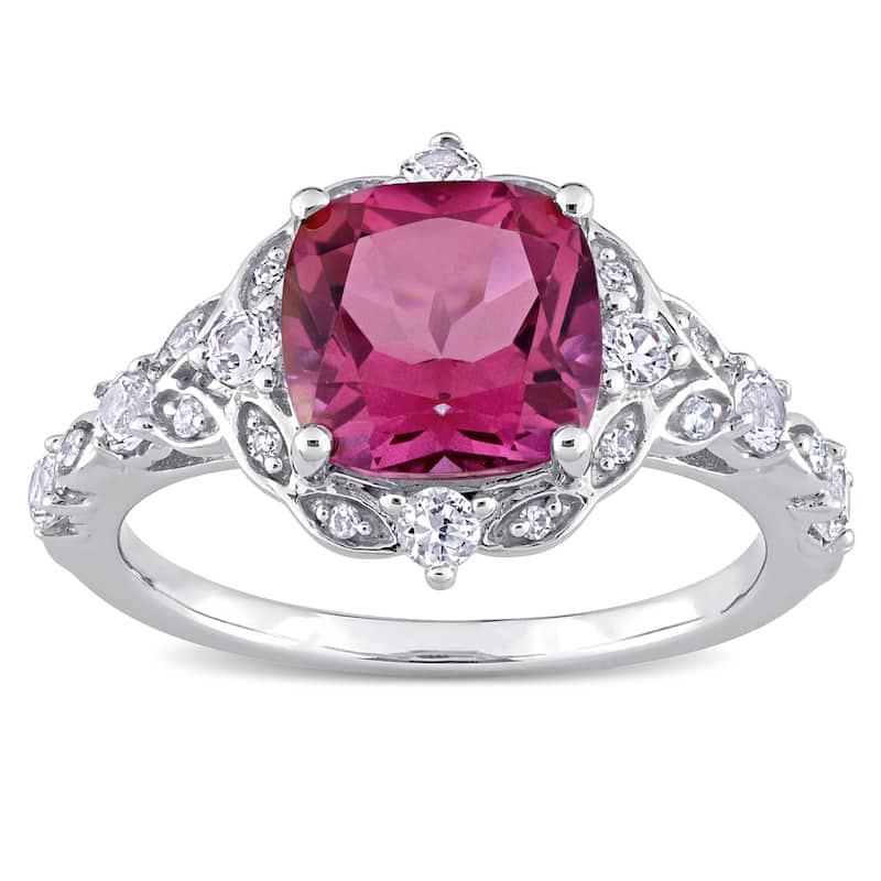 Miadora 10k White Gold Cushion-cut Pink Topaz White Sapphire and Diamond Accent Vintage Ring