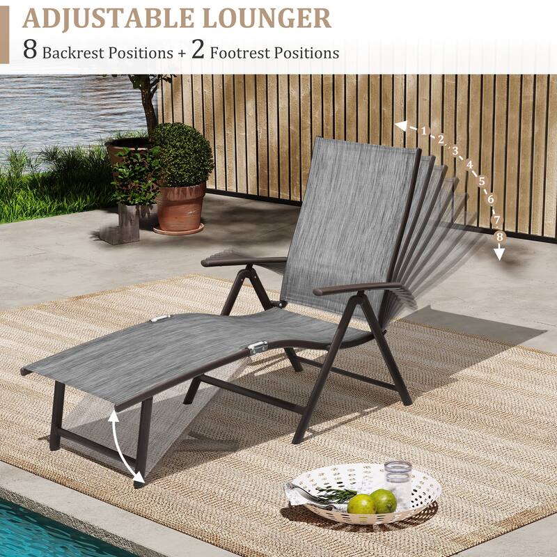 VredHom Outdoor Portable Folding Chaise Lounge Chair with Table (Set of 3) - 70" L x 20" W x 14" H