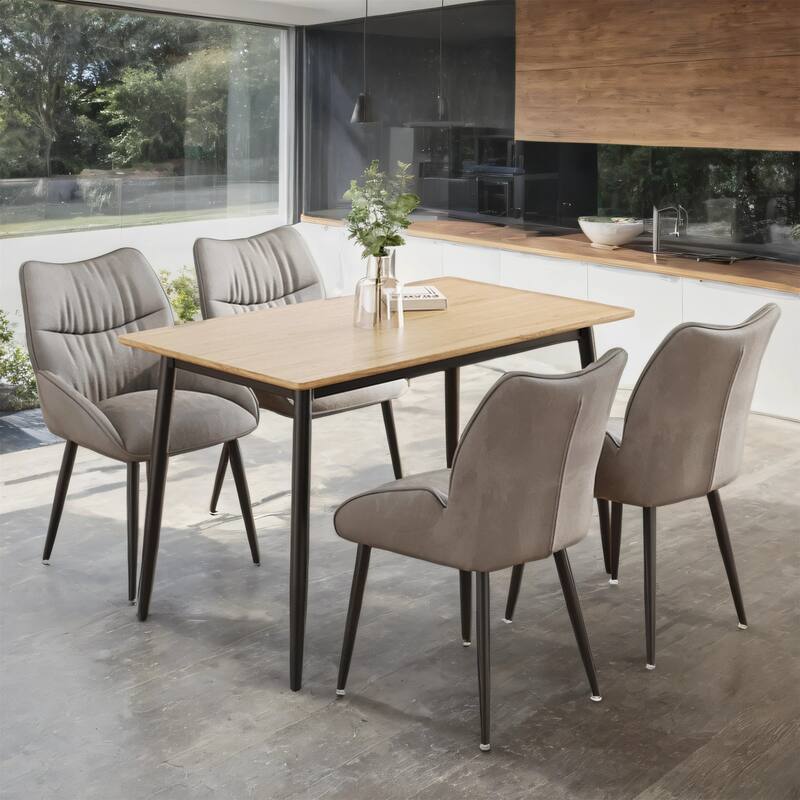 Modern Wood Grain Dining Set with Black Metal Legs, Seats 4-6, 5-Pcs