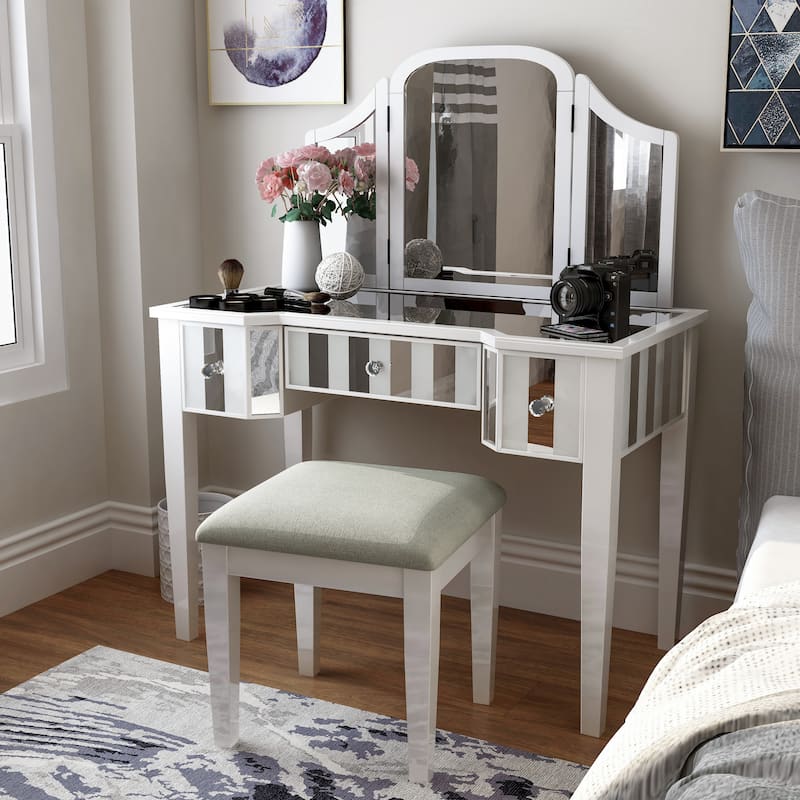 Furniture of America Inno Glam Wood 3-Piece Makeup Vanity Set with Three-sided Mirror - White
