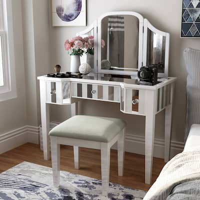 Furniture of America Inno Glam Wood 3-Piece Makeup Vanity Set with Three-sided Mirror