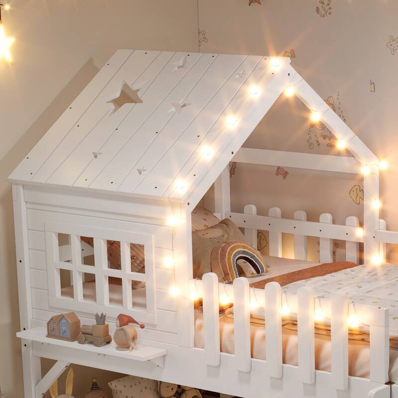 Twin Size House Loft Bed with Slide,Playhouse Bed with Star Moon-shaped Designs and Window, Chic Design with LED Lights