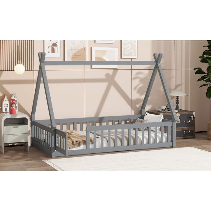 Roomfitters Twin/Full Tent-Shaped Floor Bed with Teepee Frame, Rubber Wood Platform with Guardrails, Slats and Door