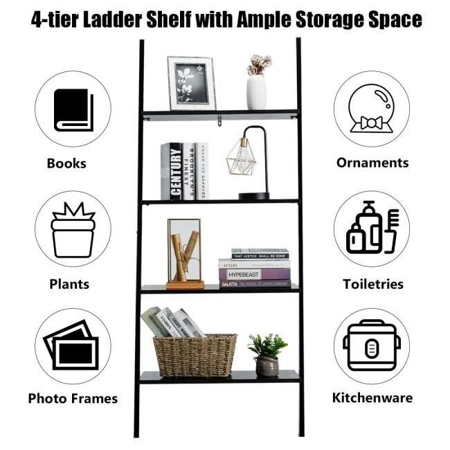 Multipurpose 4-Tier Industrial Leaning Wall Bookcase with Metal Frame - 25'' x 14'' x 60'' (L x W x H)