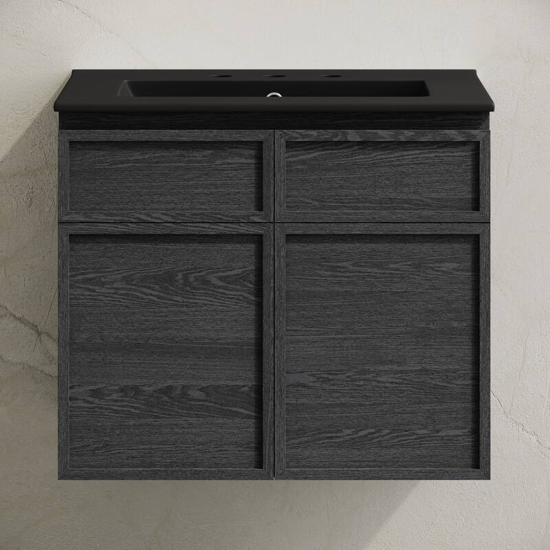 St. Tropez 24" Wall-Mounted Bathroom Vanity In Black Oak With Black 3-Hole Widespread Sink Top - 24