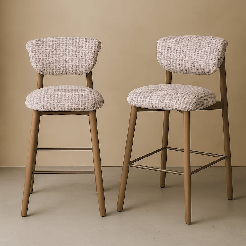 Set Of 2 Upholstered Counter Height Stools With Wood-look Metal Frame, Rolled Backrest, Woven Fabric - N/A