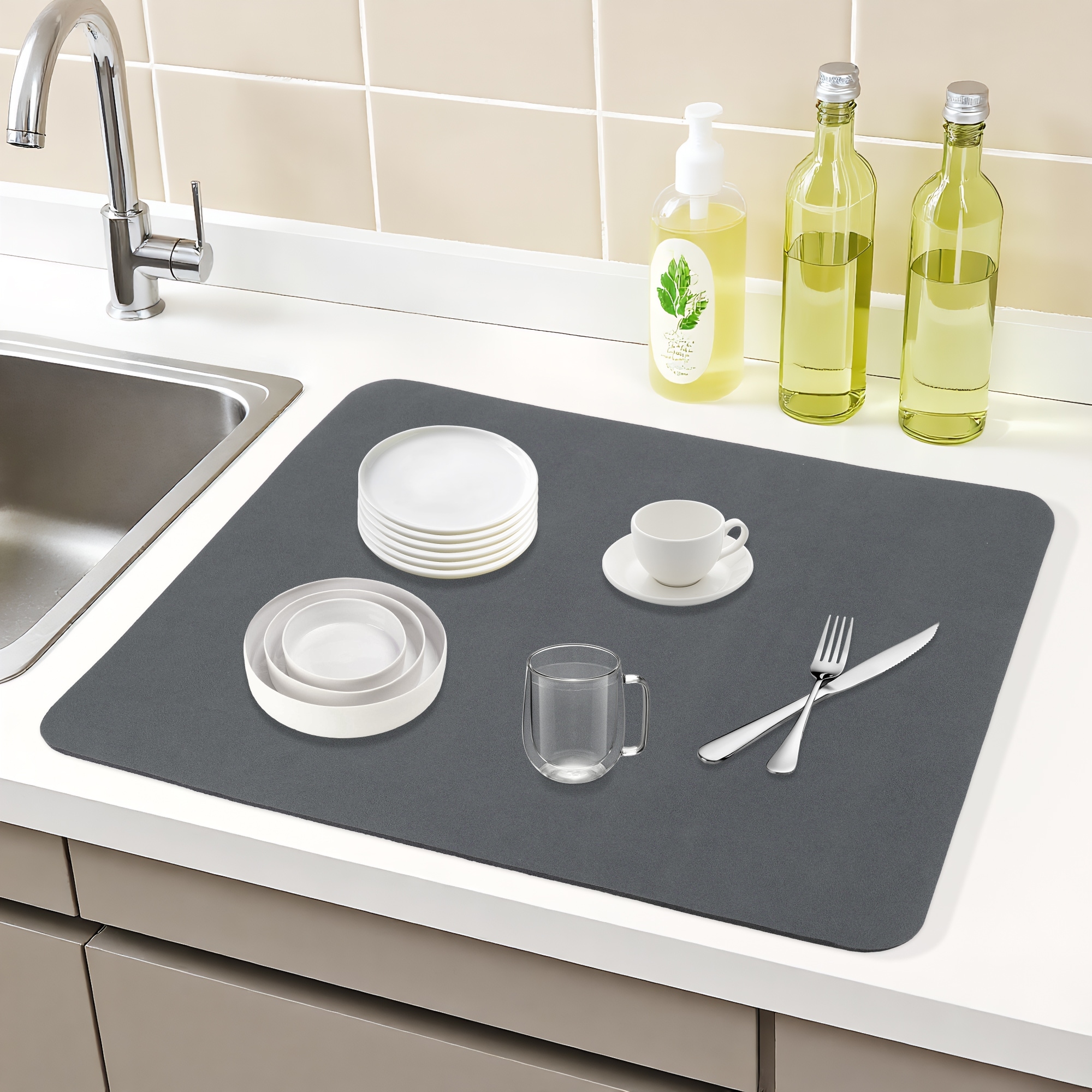 Large Diatomaceous Stone Dish Drying Mat, Quick Dry Kitchen Drying Mat for Countertop Dishes, and Utensils