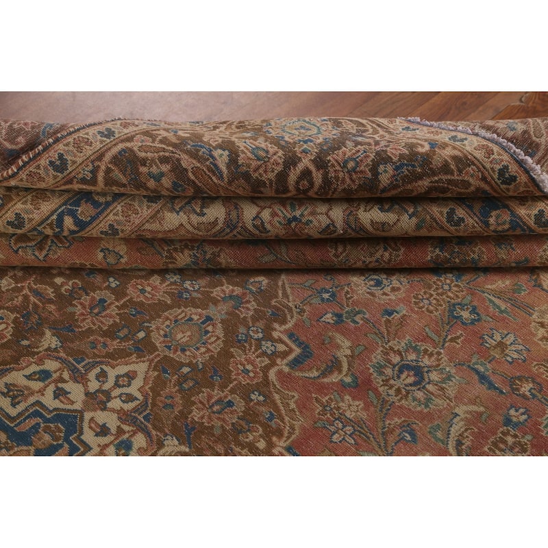 Traditional Pink Mashad Persian Vintage Rug Hand-Knotted Wool Carpet - 8'10"x 12'5"