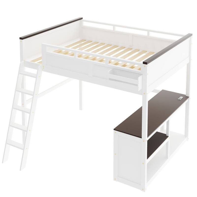 Queen Loft Bed with Desk, Storage Box, USB Charging and Shelves