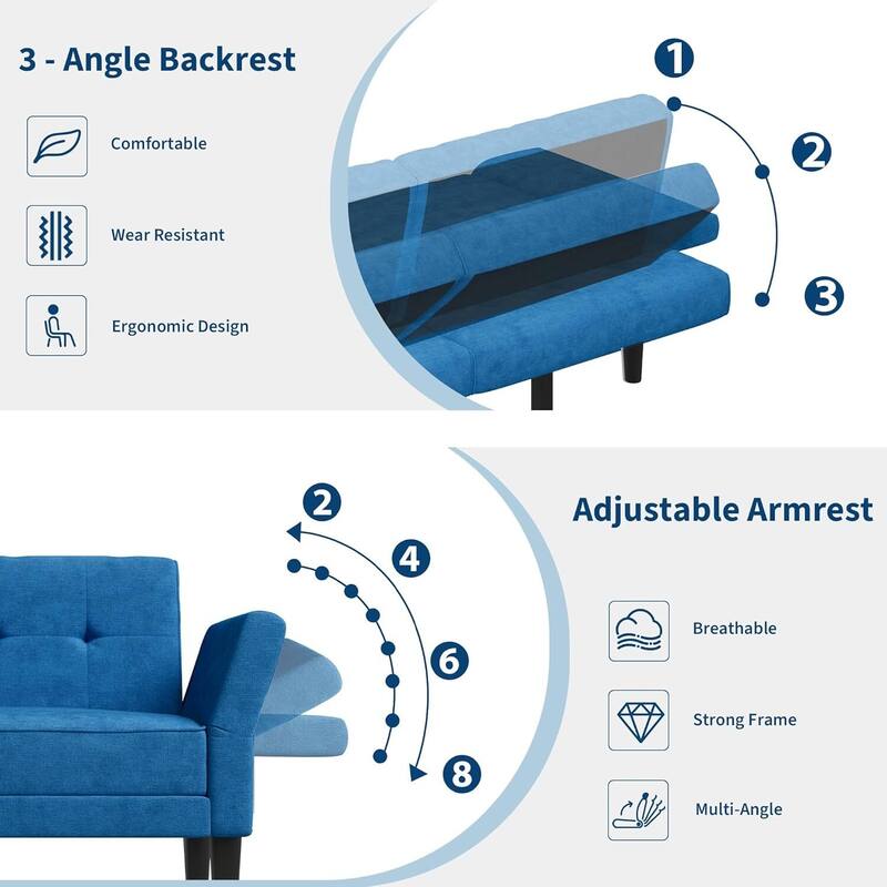 89" Futon Sofa Bed, with Adjustable Backrest & Armrest