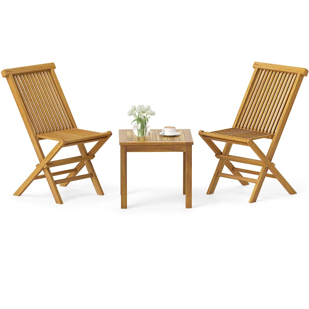Gymax 3 Piece Teak Wood Bistro Set w/ 2 Folding Chairs & Square Side