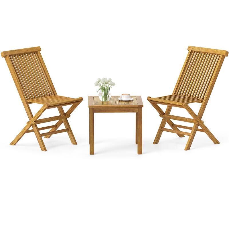 Gymax 3 Piece Teak Wood Bistro Set w/ 2 Folding Chairs & Square Side - Natural