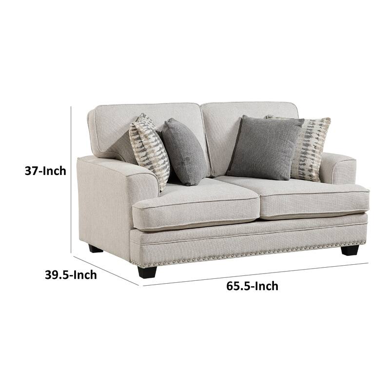 Brady Loveseat with 4 Pillows, Sand Brown Chenille, Nailhead, 66 Inch