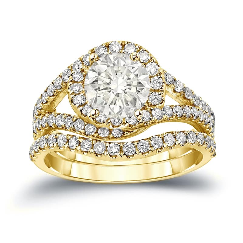 Auriya 14k Gold 1 7/8ctw Halo Diamond Engagement Ring Set Certified - Yellow - 4