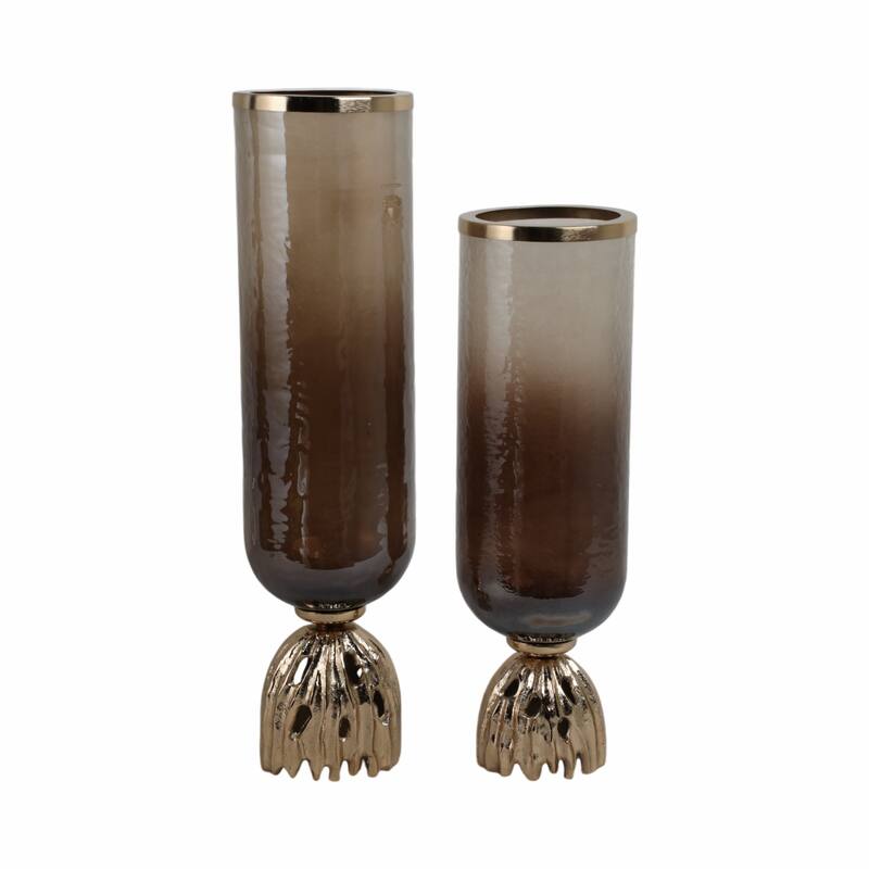 Glass Sculpted Base Hurricanes - Set of 2 - Brown, 20" - 23.0"