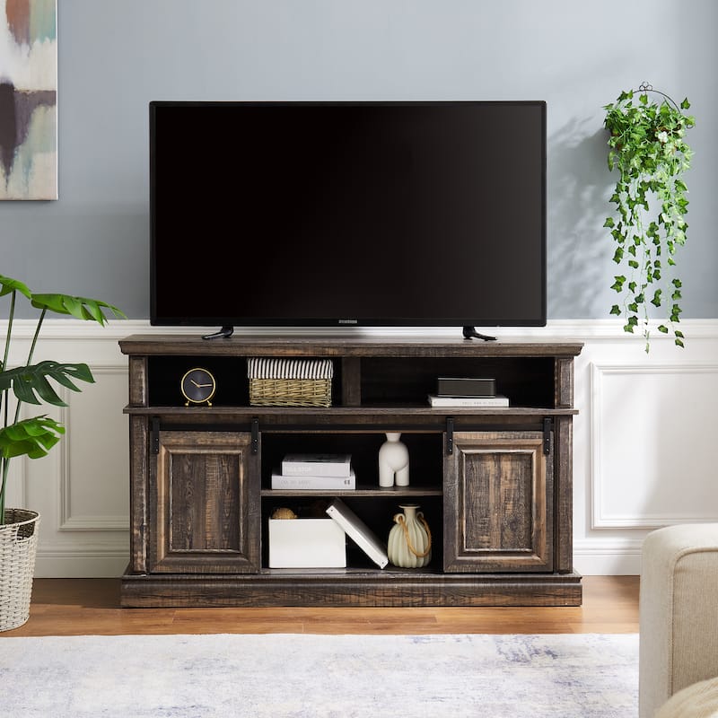 Media Console Table with Storage Cabinet, Mid Century style Entertainment TV Table, Multipurpose Sliding Door TV Cabinet - Brown