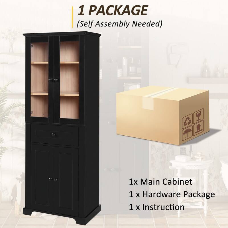 Modern 67.2"H Bathroom Storage Cabinet with Glass Doors Adjustable Shelves and Soft-Close Drawer