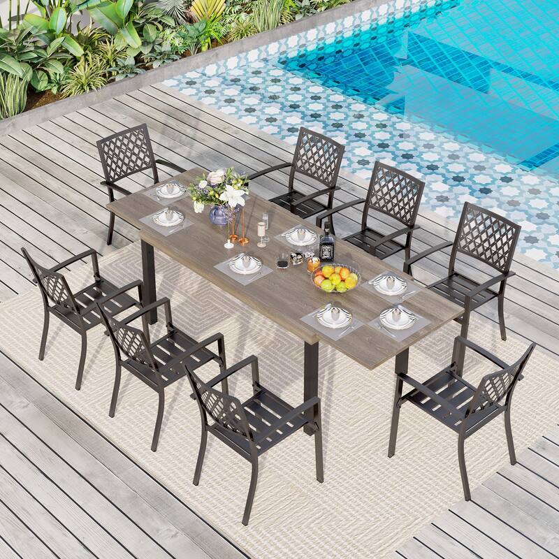 MAISON ARTS 7/9-Pieces Patio Dining Set with Metal Rectangle Expandable Table and Metal Stackable Chairs - 9-Piece Elegant Chairs