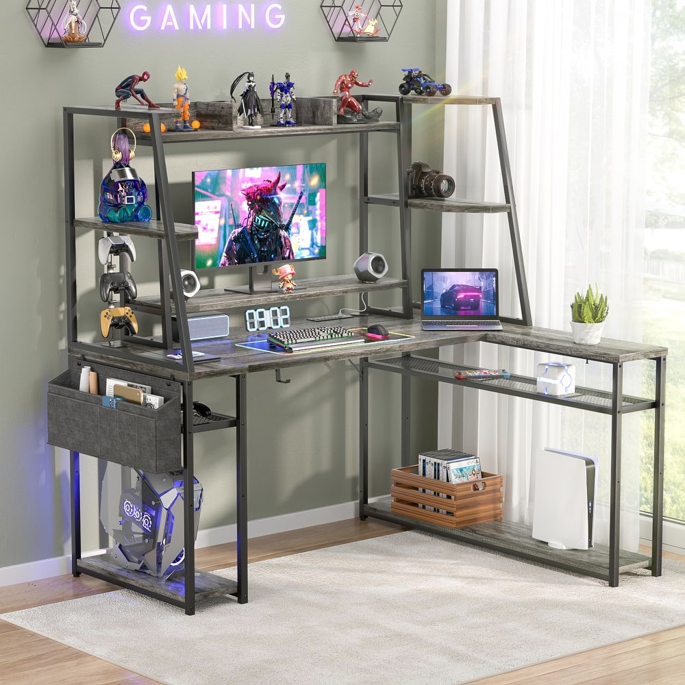 Ultimate L-Shape Gaming Desk with Hutch & Shelves, Reversible Computer Desk with LED Lights & Charging Station