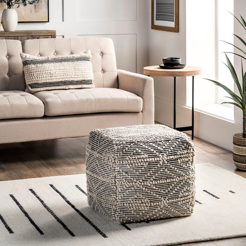 Nuloom Cotton Textured Trellis Ottoman Pouf - 18"W x 18"D x 18"H - Natural