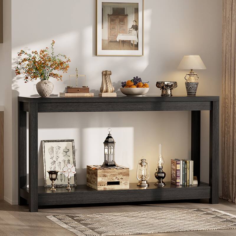 Farmhouse Black Thick Console Sofa Table, Wood Entryway Desk with Storage Shelf - Black - 47-In