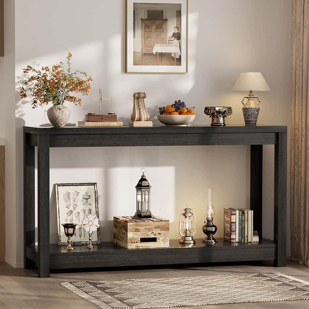 Farmhouse Black Thick Console Sofa Table, Wood Entryway Desk with Storage Shelf