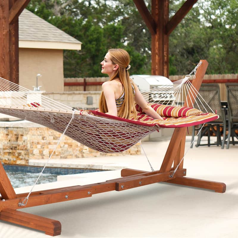 Durable 2 Person Rope Hammock with Polyester Quilted Pad and Pillow - 76*52