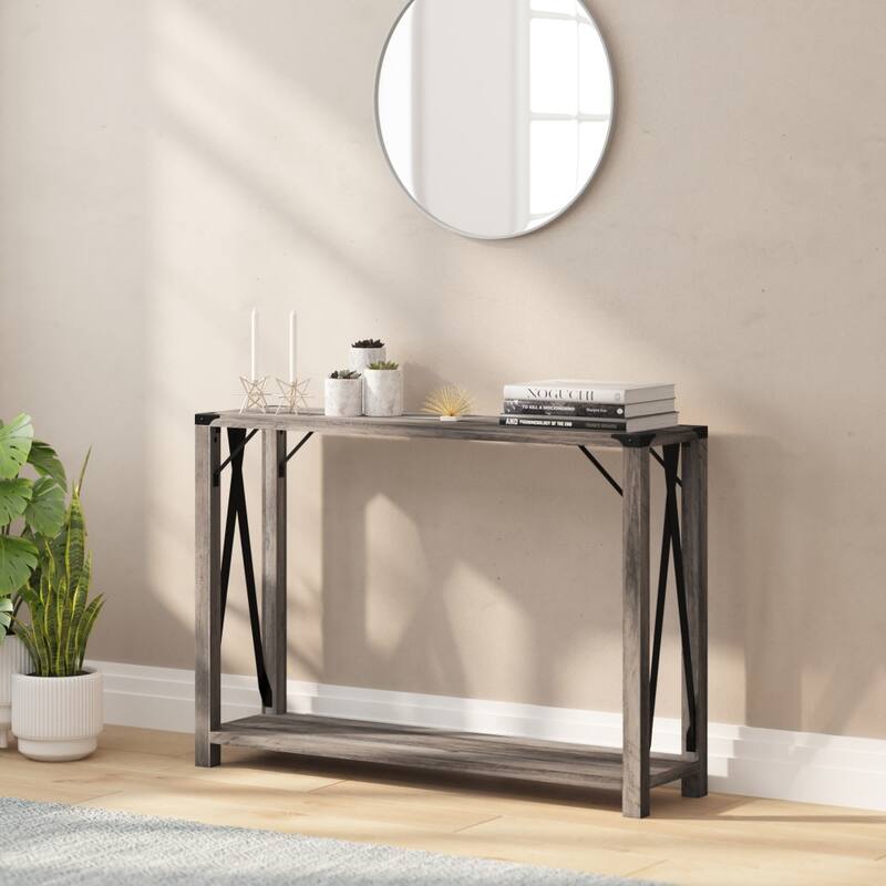 2-Tier Console Table with Metal Side Braces and Corner Caps - Gray Wash