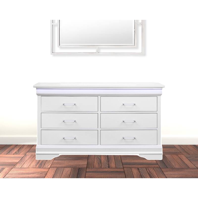 HomeRoots 59" White Solid Wood Six Drawer Double Dresser with LED